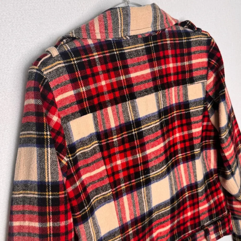 Heritage 1981 Wool Blend Plaid Moto Biker Jacket Belted Red Tartan Preppy Small